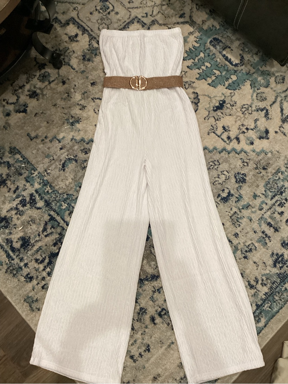 Strapless Wide-Leg White Jumpsuit with Brown Belt